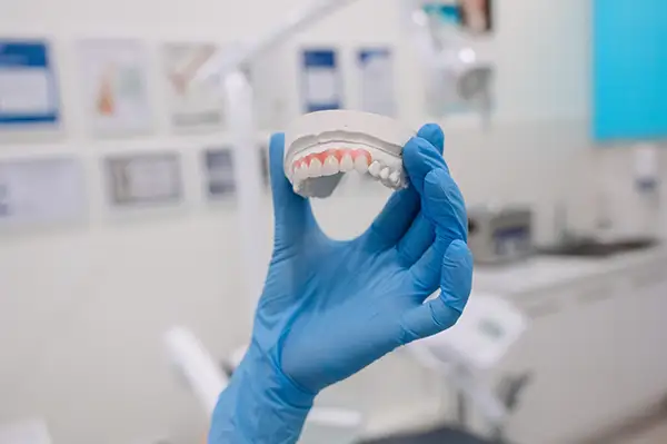 Dentist holding a dental prosthetic model in a clinic, demonstrating restorative solutions.